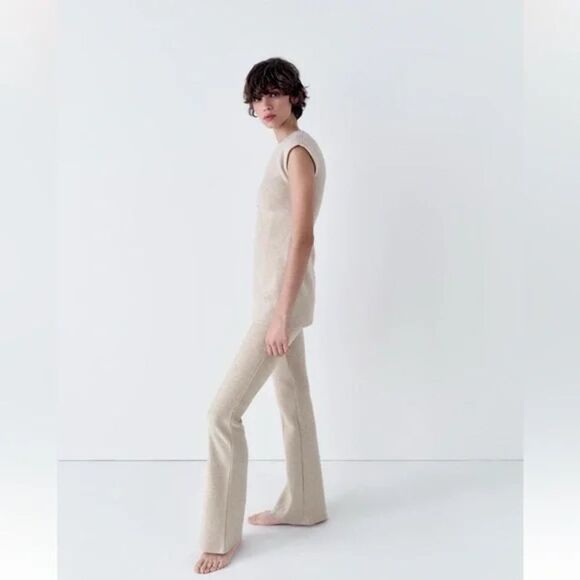 ZARA Women's 2PC Set Cream  Fitted Ribbed Top & Flared Rib Sweater Pants - Large - Picture 5 of 13